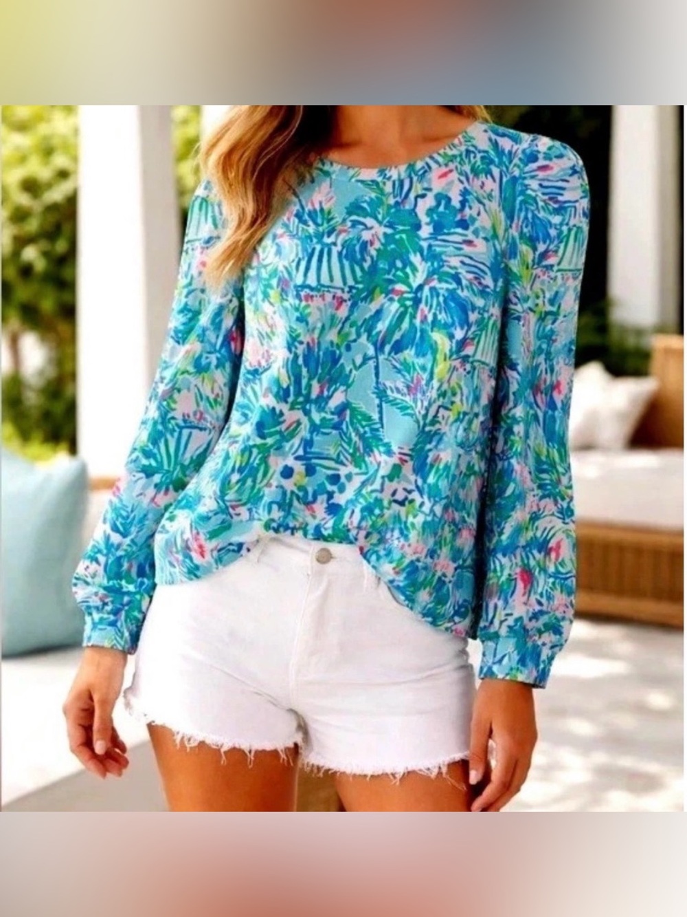 Lilly Pulitzer Jansen Long Sleeve SWE Blue Ibiza Cabana Cocktail Xl - Picture 2 of 5